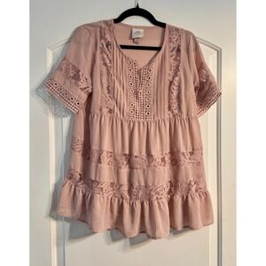 Knox Rose Lace Pintuck Blouse Women Small Pink Excellent Boho Tiered Top